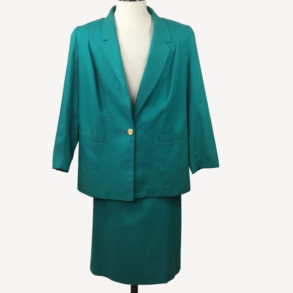 Vintage Fairfax & Kent Women Suit Set Skirt Jacket Teal Blue Work Office Size 18 - Picture 1 of 16